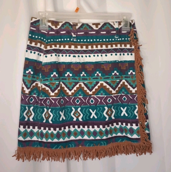 Vtg 90s Extra Blues Southwestern Mini Wrap Skirt Juniors 7 Aztec Fringe Eclectic - Picture 2 of 6